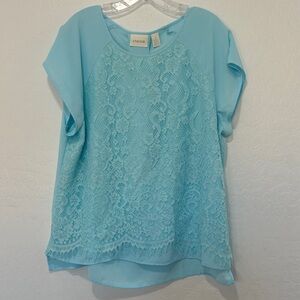 Chico's Sky Blue Lace Blouse women’s 3 (XL) top short sleeve hem bright